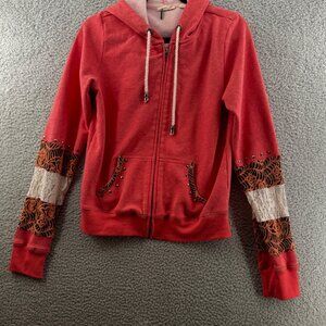 Miss Me  Red Zip-Up Hoodie With Lace & Stud Accents Size Large
